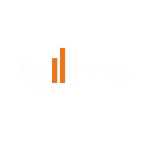 Logotipo Tellme Marketing em cores laranja e preto sobre fundo escuro